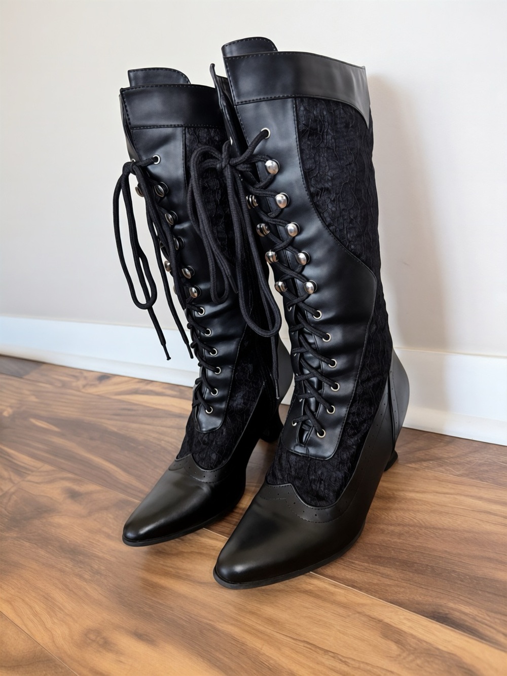 Black Gothic Lace-Up Knee-High Heeled Boots | Size 8